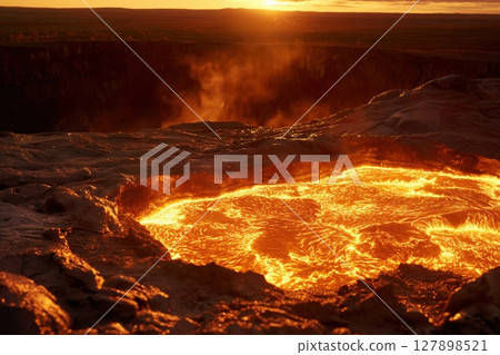 The last light shines on molten gold in an open pit mine, blending nature's beauty with industry's power at dusk 127898521