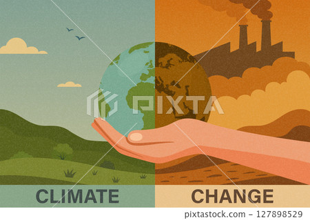 Climate Change Vector Illustration with Earth in Hand. Global Warming Concept. Air Pollution, Factory Emissions, Deforestation, Environmental Damage, Save The Planet, Nature and Industry Contrast Climate Change Vector Illustration with Earth in Hand. Global Warming Concept. Air Pollution, Factory Emissions, Deforestation, Environmental Damage, Save The Planet, Nature and Industry Contrast 127898529