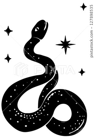 Celestial Mystical Lynocut Snake Vector Silhouette Illustration. Black and white hand drawn mystic snake. Esoteric design element.  127898535