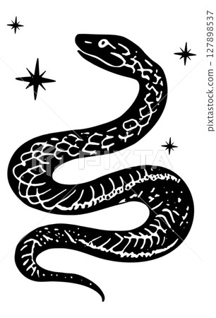 Celestial Mystical Lynocut Snake Vector Silhouette Illustration. Black and white hand drawn mystic snake. Esoteric design element.  127898537