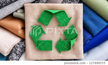 Green recycling symbol on fabric background with various textures and colors 127898555