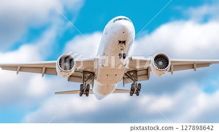 Commercial airplane in flight under clear sky with clouds visible 127898642