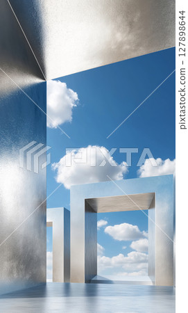 Abstract architectural silver cubes against a vibrant blue sky with white clouds Abstract architectural silver cubes against a vibrant blue sky with white clouds 127898644