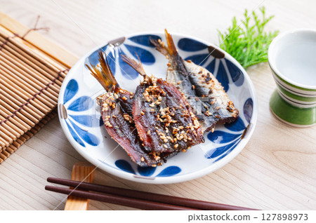 Grilled Mamakari Mirin Dried Fish Grilled Mamakari Mirin Dried Fish 127898973