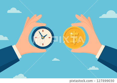 Time is Money Vector Illustration. Businessman Hands Holding Clock and Dollar Coin. Financial Management Banner, Investment, Deadline, Productivity, Profit, Efficiency, Success Concept Flat Design 127899030