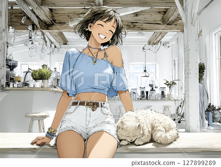 一位微笑的女人在貓咖啡館和貓玩耍的插圖素材 一位微笑的女人在貓咖啡館和貓玩耍的插圖素材 127899289