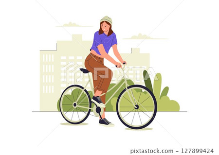 Flat Illustration of a Woman Riding Bicycle in Urban Park 127899424