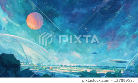 Futuristic domed city and beautiful universe_1 127899553