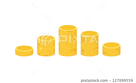 Minimal cartoon style coins form a playful bell curve at the bottom of a crisp white background, reserving generous copy space 127899559