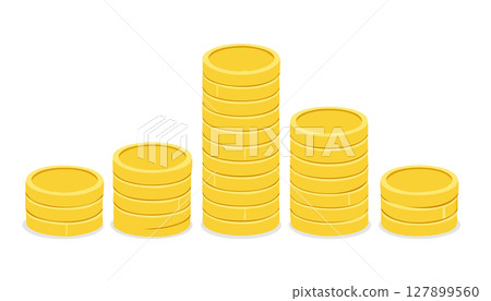 Bright gold coin piles of uneven height suggest statistical data growth and decline in a fun flat design; the large empty white canvas offers plenty of space to place marketing slogans, infographics 127899560