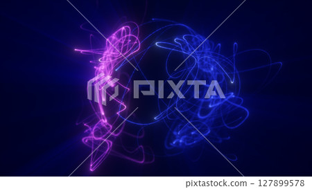 Electric purple and violet light trails forming a fluid, semi-transparent digital sphere against a deep blue background Electric purple and violet light trails forming a fluid, semi-transparent digital sphere against a deep blue background 127899578