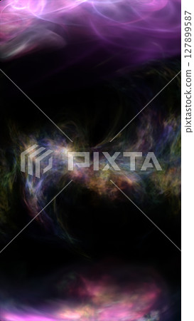 Vivid swirling plasma cloud in abstract form, radiating energy and light against a black void 127899587