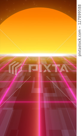 Retro-futuristic digital sunset with glowing grid and stylized orange sun in the background 127899588