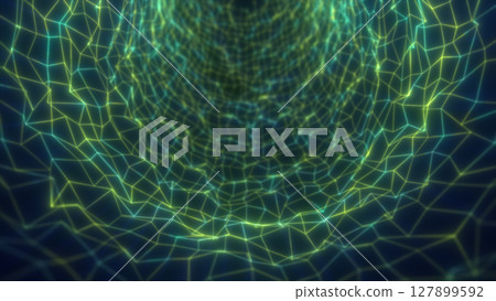 Digital green mesh tunnel on brown background, forming a fluid web of luminous geometric lines Digital green mesh tunnel on brown background, forming a fluid web of luminous geometric lines 127899592