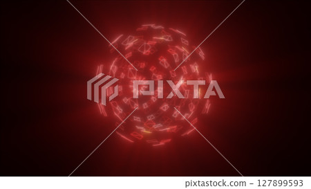 Abstract red glowing network sphere composed of interconnected lines on dark background 127899593