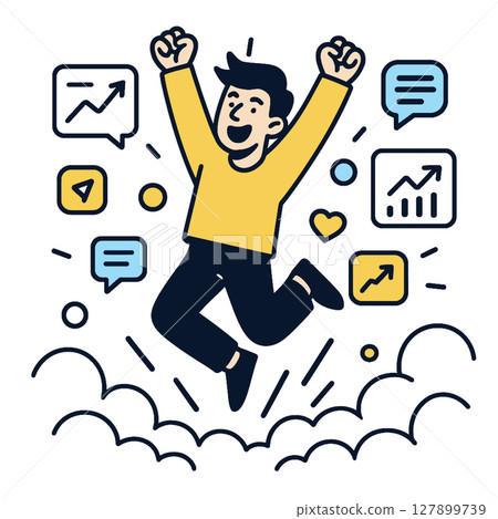Jumping person celebrating success with graphs and messages 127899739