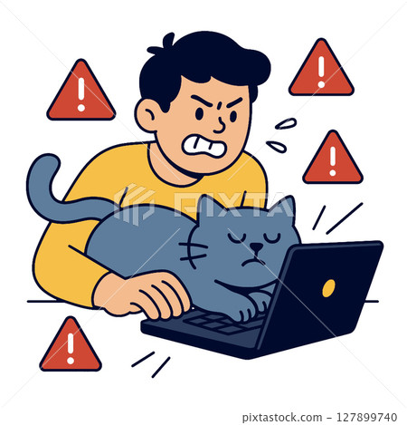 Frustrated person working on laptop with cat warning signs in background 127899740