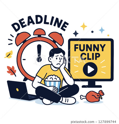 Deadline stress with funny clip distraction, popcorn, and laptop 127899744
