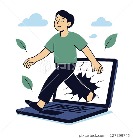 Person walking out of laptop, symbolizing digital freedom and creativity 127899745