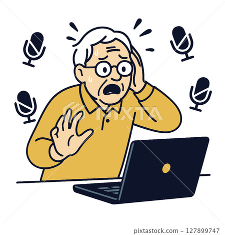 Elderly man looks shocked and worried while using laptop, surrounded by microphones Elderly man looks shocked and worried while using laptop, surrounded by microphones 127899747