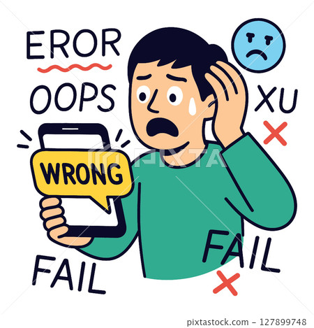 Frustrated man looking at phone displaying error message, feeling confused and disappointed Frustrated man looking at phone displaying error message, feeling confused and disappointed 127899748