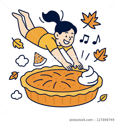 Delighted girl diving into pie with autumn leaves and music notes around Delighted girl diving into pie with autumn leaves and music notes around 127899749