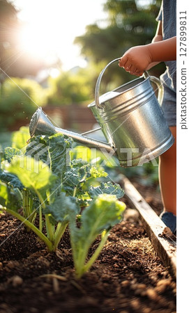 A child uses a watering can to hydrate leafy greens in a sunny garden. A child uses a watering can to hydrate leafy greens in a sunny garden. 127899811