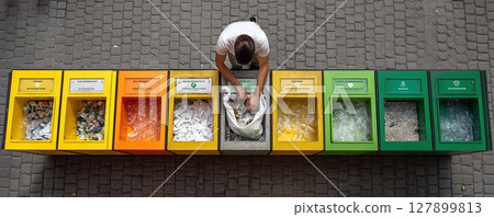 A person diligently sorting waste into multiple recycling bins outdoors. A person diligently sorting waste into multiple recycling bins outdoors. 127899813