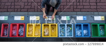 A person meticulously sorts waste into different recycling bins on a street. A person meticulously sorts waste into different recycling bins on a street. 127899814