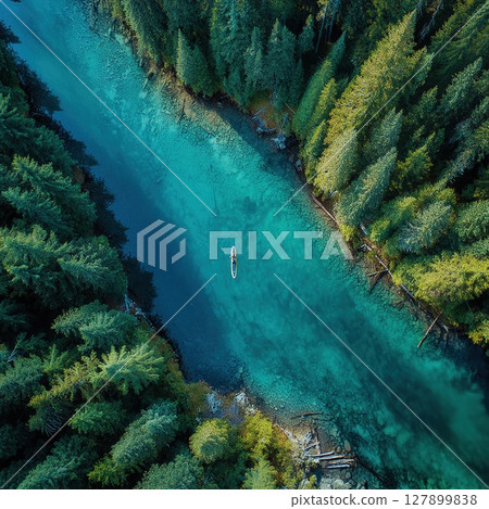 Aerial view of a person paddleboarding on a turquoise river amidst evergreen trees. 127899838