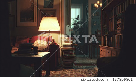 This cozy living room scene showcases a warm ambiance with books and a lamp. This cozy living room scene showcases a warm ambiance with books and a lamp. 127899861