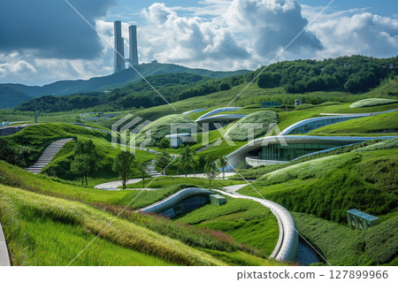 Tourists walking in a modern green architectural building blending into nature landscape 127899966