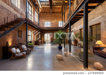 Interior design team is showcasing a modern loft conversion using exposed brick walls and steel beams 127899989