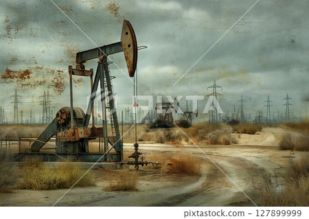 Oil pump jack extracting crude oil on the oilfield with cloudy sky during sunset 127899999