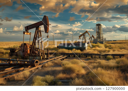 Oil rigs are standing in the middle of a field, bathed in the warm light of the setting sun 127900000