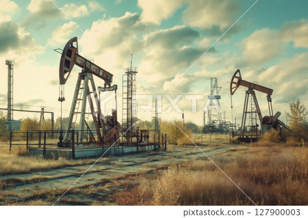 Rusty oil pumps extracting crude oil from the ground in an oil field under a cloudy sky 127900003