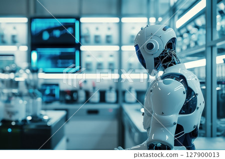 Humanoid robot is standing in a laboratory, surrounded by scientific equipment and digital screens displaying data 127900013