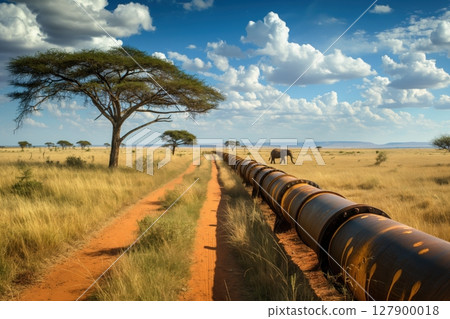 Elephant walking in the african savanna near a large pipeline on a beautiful sunny day 127900018