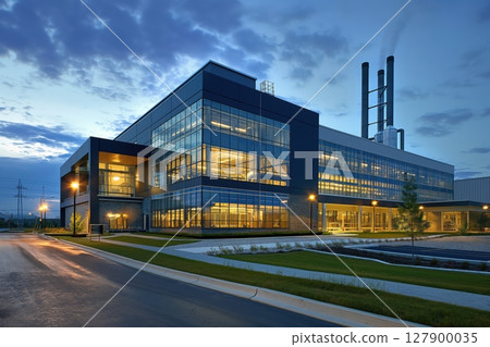 State of the art chemical plant with sleek, modern architecture glowing against the twilight sky 127900035