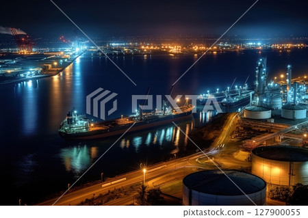 Cargo ship illuminated at night, docked in a busy industrial harbor with the city lights glowing in the distance Cargo ship illuminated at night, docked in a busy industrial harbor with the city lights glowing in the distance 127900055