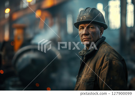 Portrait of a serious worker wearing a hard hat standing in a steel mill with machinery in the background 127900099