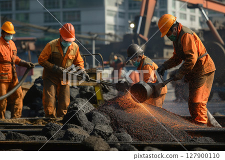 Steel industry workers wearing protective gear are handling hot slag at a steel mill 127900110