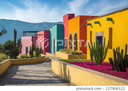 Row of colorful buildings with a cobblestone path lined with cacti and vibrant flowers growing on a sunny day 127900122