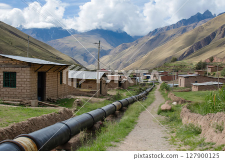 Large black pipeline is running through a traditional village in the andes mountains, highlighting the contrast between nature and development 127900125