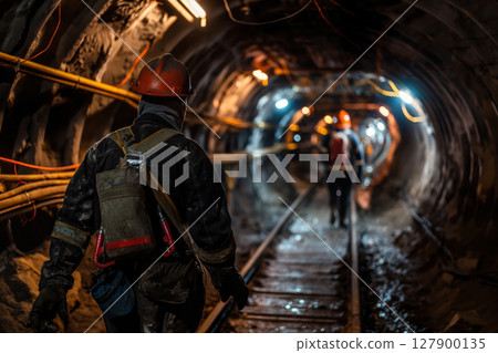 Two mine workers with protective gear and equipment are walking in an underground tunnel with rails 127900135