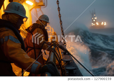 Two fishermen wearing safety jackets and helmets are working on a fishing boat during a night shift on a stormy sea 127900159