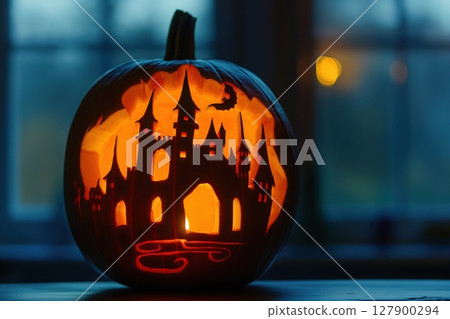 Spooky carved pumpkin glowing with warm light, perfect for halloween decorations and celebrations 127900294