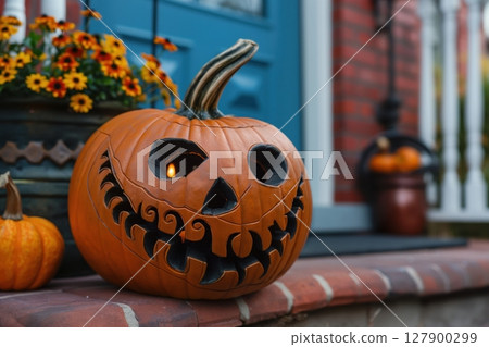 Carved pumpkin is sitting on a stoop with a candle lighting up its face for halloween 127900299