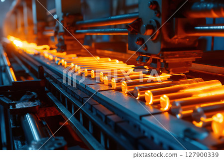 Automated machinery processing glowing hot aluminum billets into bars in a modern factory 127900339
