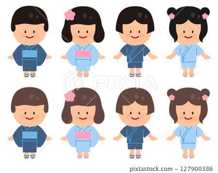 一組穿著浴衣和甚平的人物插圖 一組穿著浴衣和甚平的人物插圖 127900386